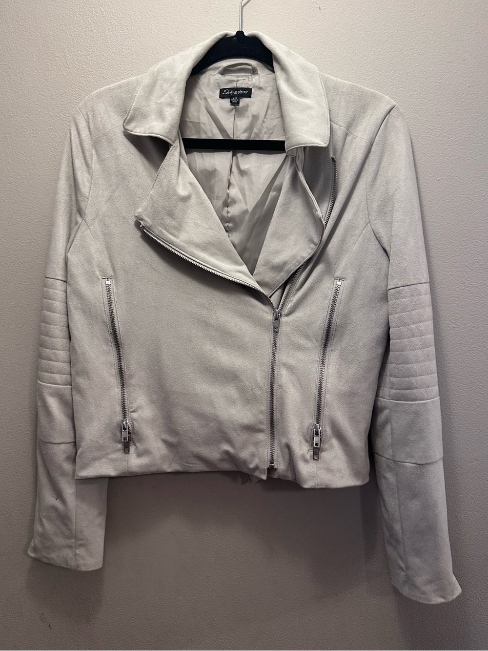 Shinestar NWT Faux Suede Asymmetrical Moto Biker Jacket Quilted Sleeve Oatmeal L